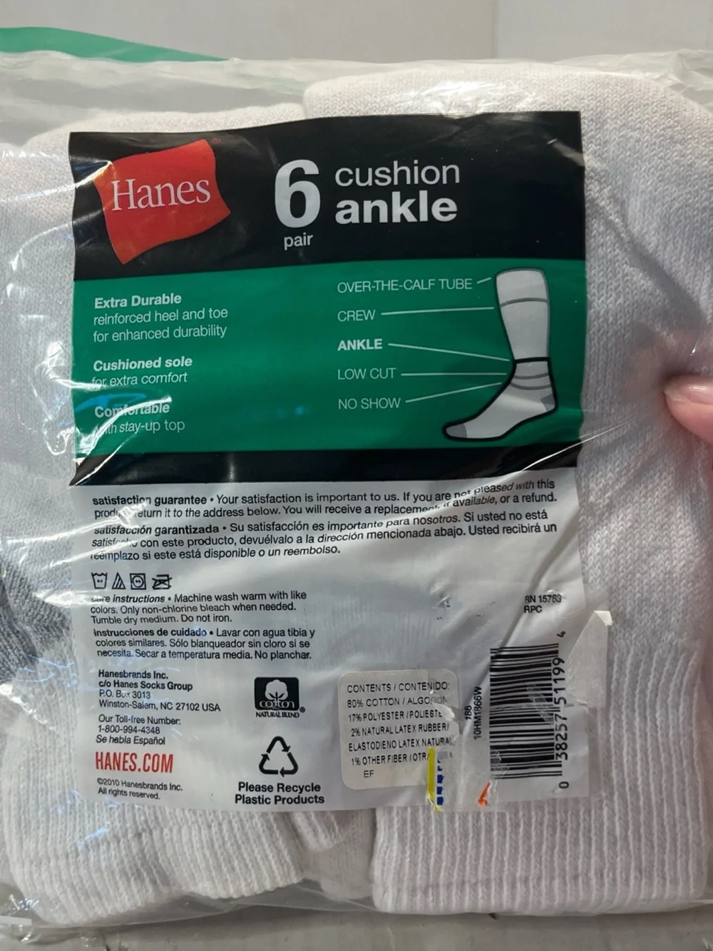 Hanes Men’s 6-Pack Cushion Ankle Socks - White with Gray Heel